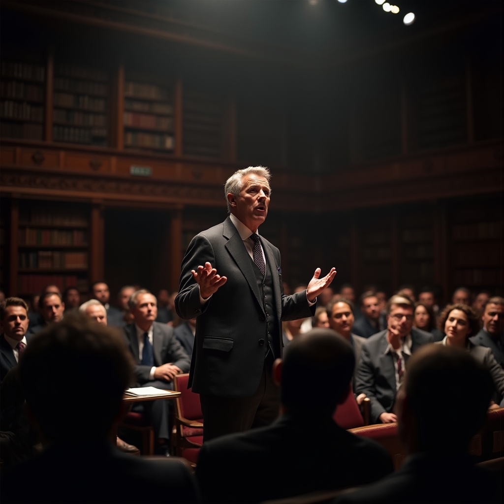 Řečník přednášející na konferenci před publikem odborníků